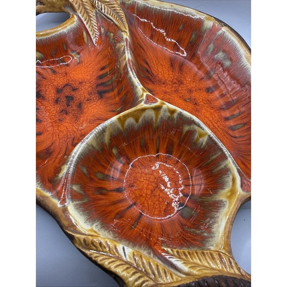 Vintage MCM Glazed Divided Pottery Platter Chip Dip Orange & Brown Centerpiece